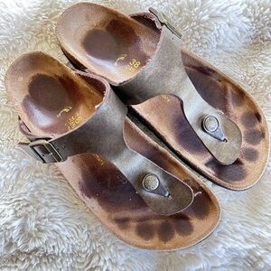 Gizeh Thong Sandals Birkenstock Gold Brown Leather Slide Birks {38/7.5}